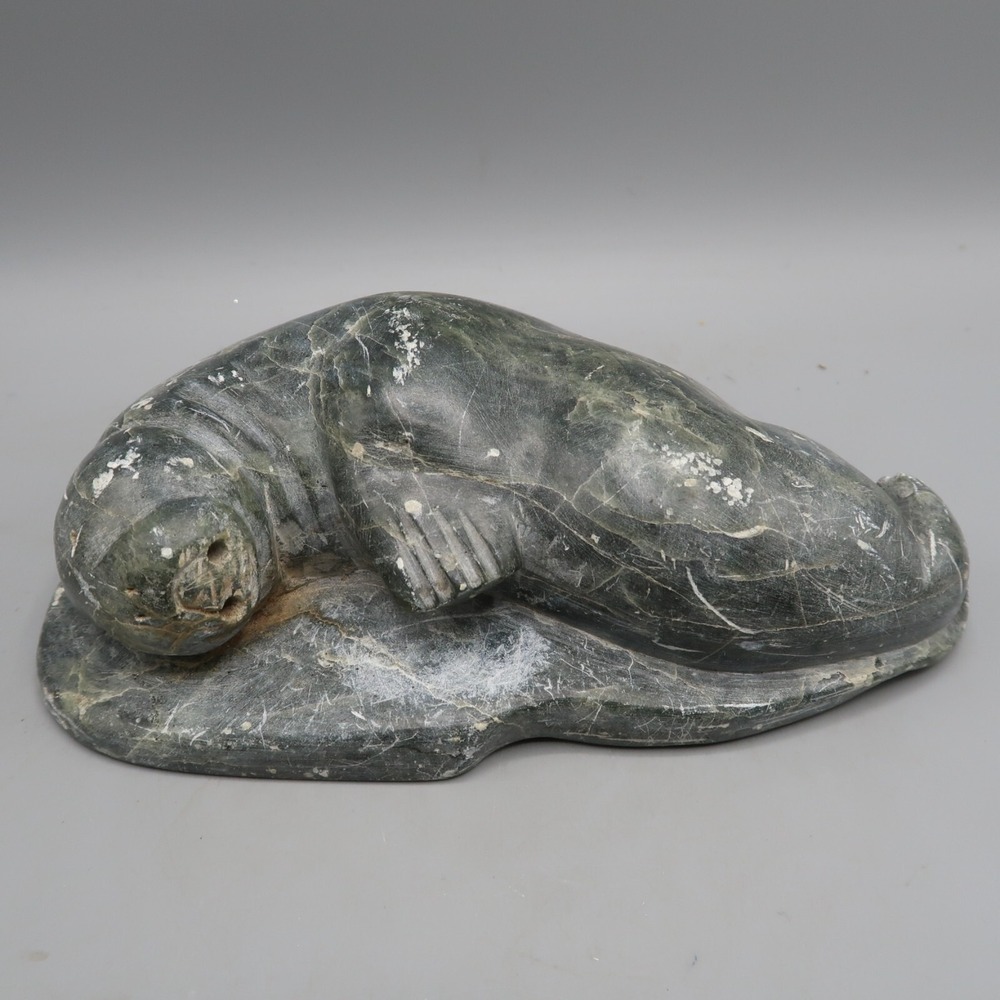 Vintage 8" Walrus Heavy Soap Stone Carving Sculpture Stone Eskimo